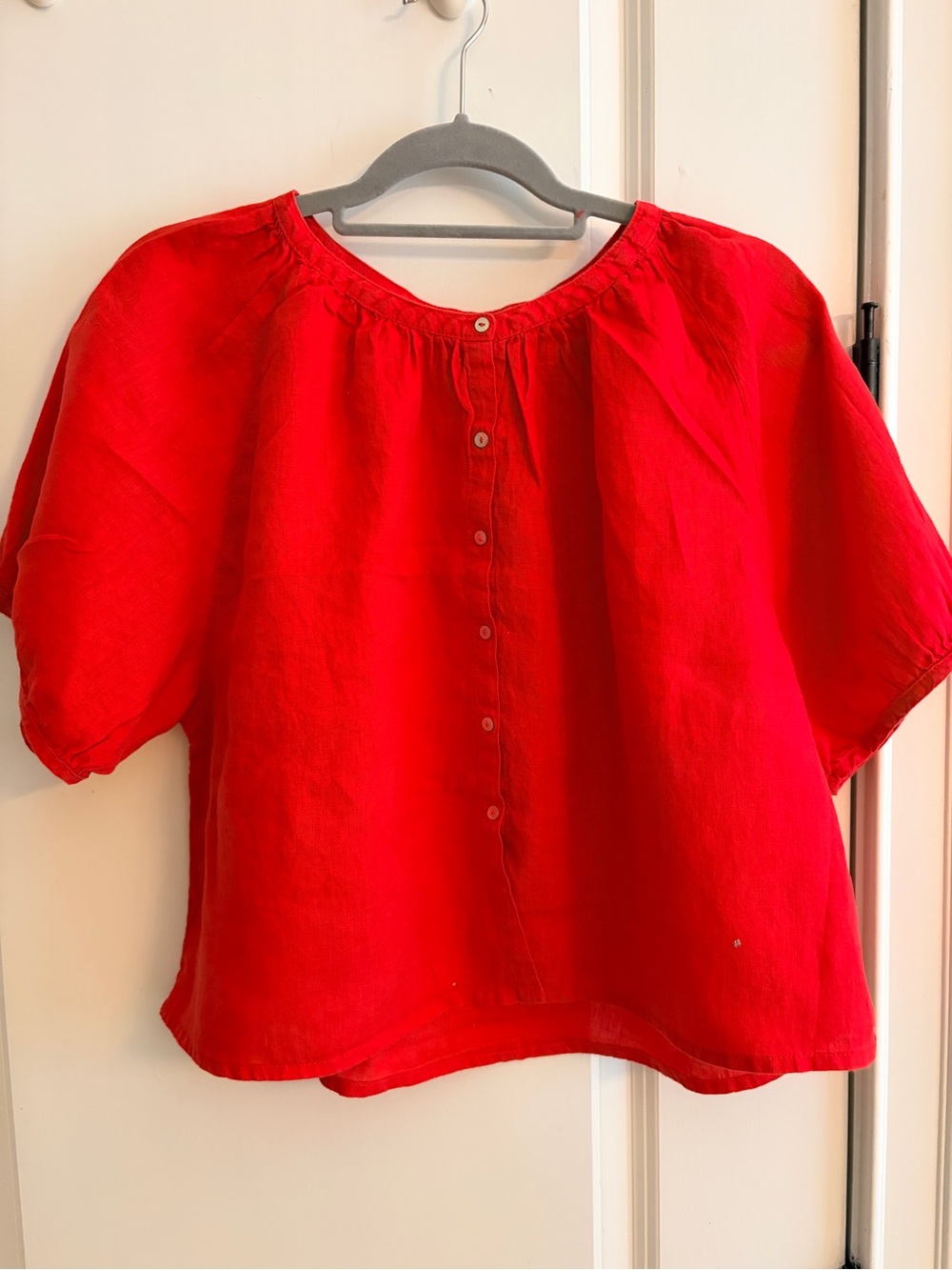 Cynthia Rowley Linen Top Red Short Sleeve Button Front Peasant Blouse L